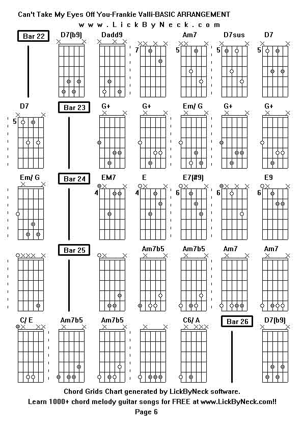 Chord Grids Chart of chord melody fingerstyle guitar song-Can't Take My Eyes Off You-Frankie Valli-BASIC ARRANGEMENT,generated by LickByNeck software.